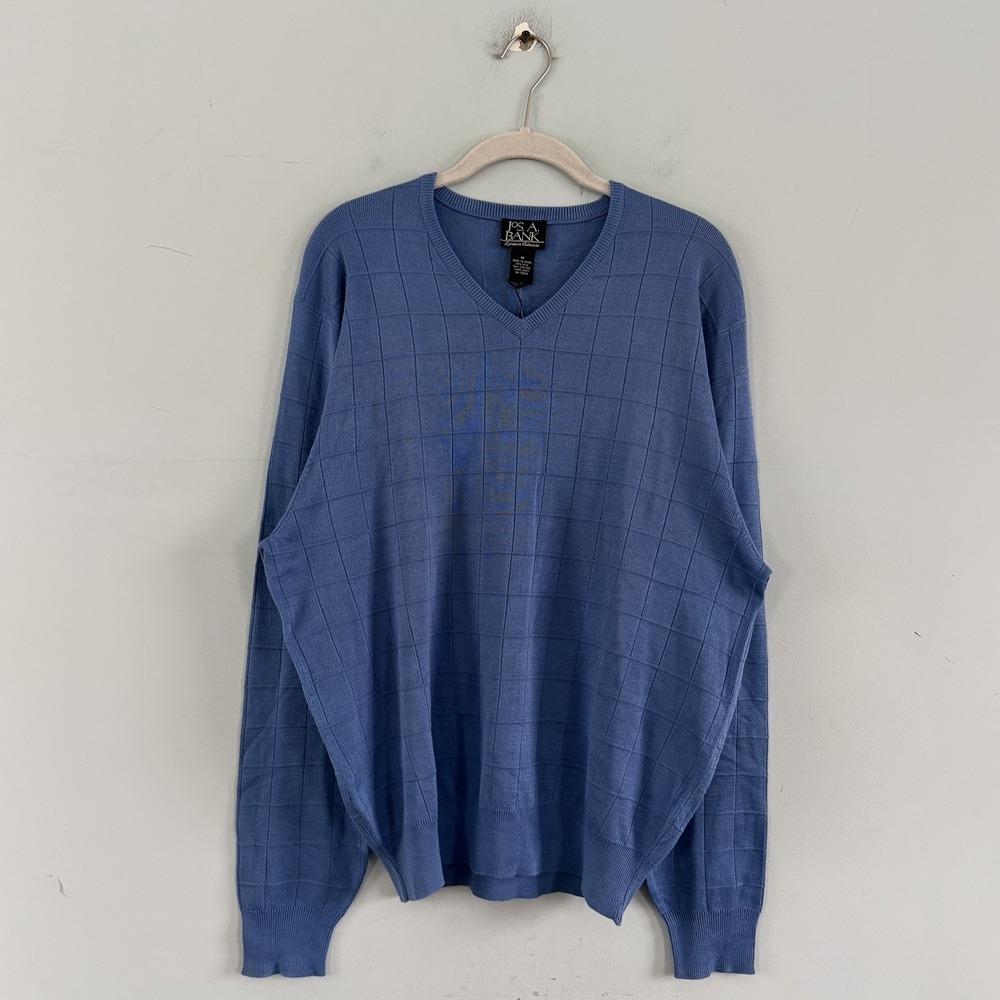 NWT Jos. A. Bank Signature Collection Blue Silk V-Neck Grid Knit‎ Sweater